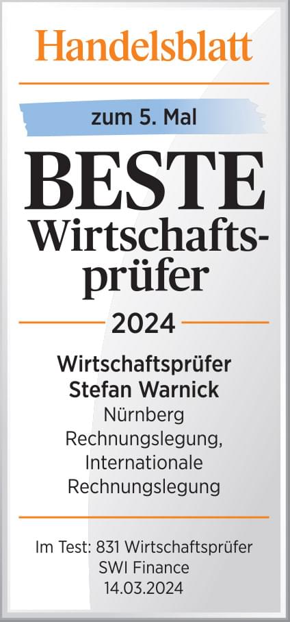 Handelsblatt - Auszeichnung - Bester Wirtschafsprüfer 2022 - Warnick Revisions und Treuhand GmbH